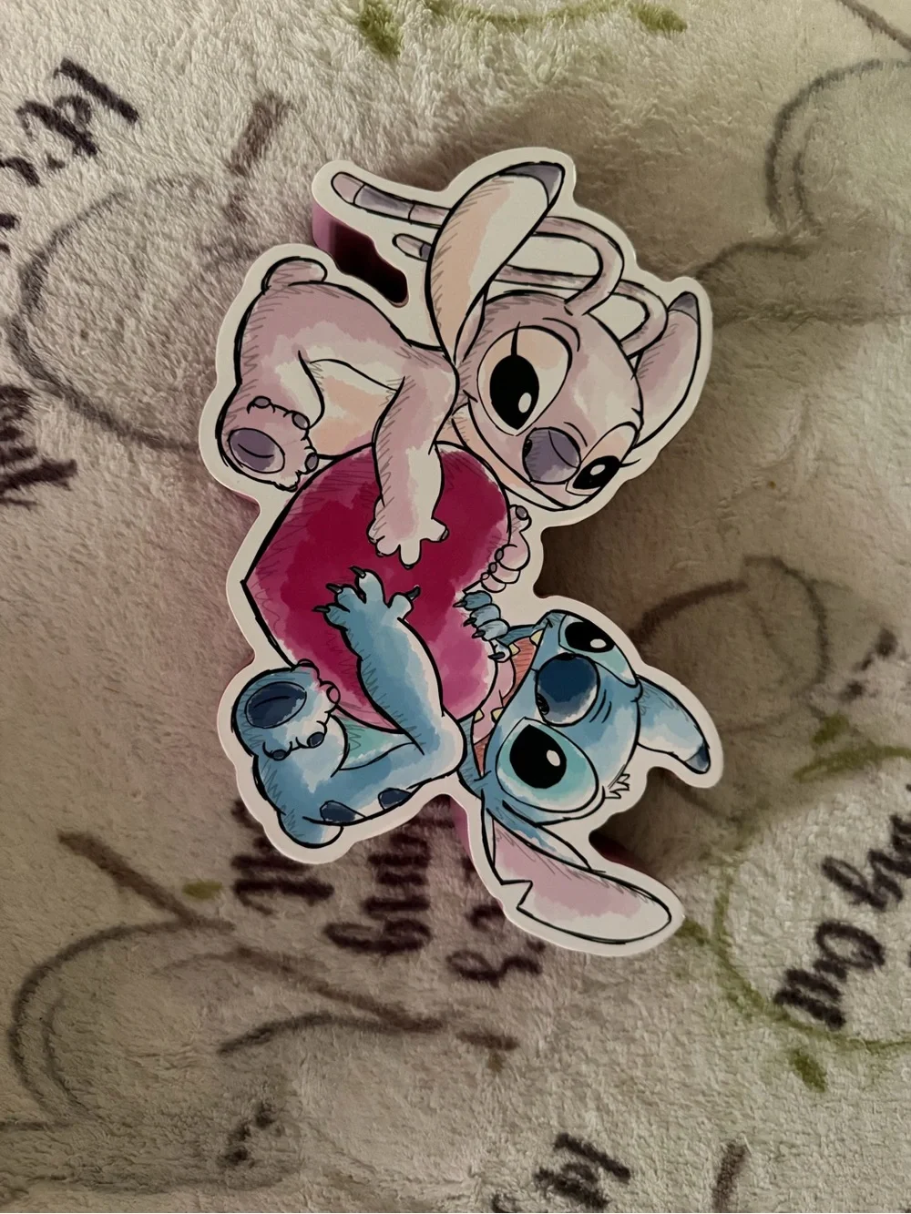 Plush-Style Small Pet Toy Sticker Featuring Pink and Blue Characters